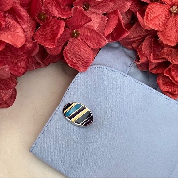 Oval Navy, Blue, Silver and Yellow Stripe Cufflinks - Picture 11 of 16